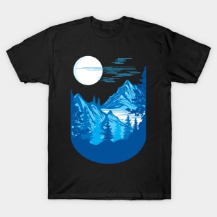 nature mountains design in blue T-Shirt